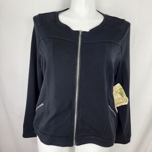 One World Black Zip JACKET Womens Size 1X Stretch Knit Long Sleeve Pockets NWT